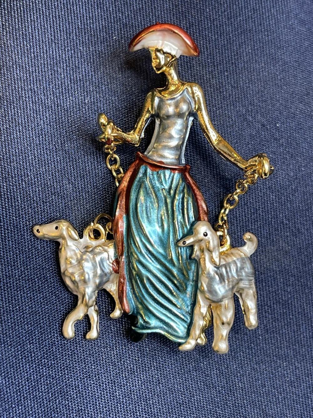 NWOT Woman Walking Dogs Brooch Pin Enamel Multicolor Couture Fashion Elegant